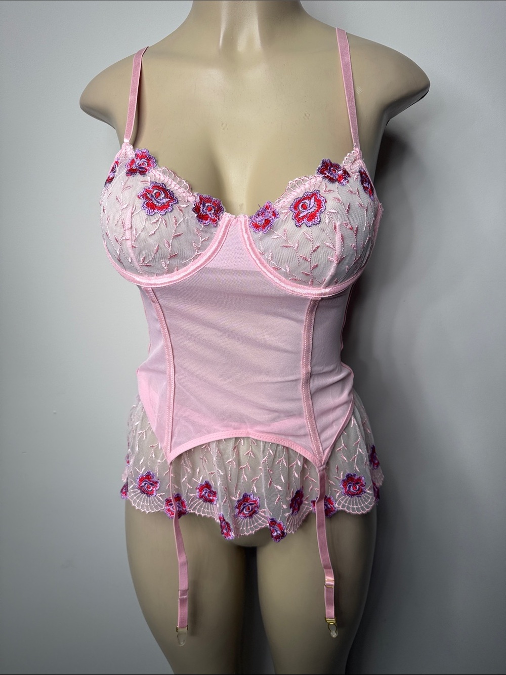 Sheer Pink Embroidered Bustier with Floral Accents